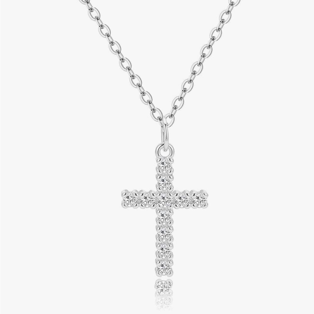 Cross Necklace 14K White Gold Dainty CZ Silver Tone Plated Minimal Faith Pendant